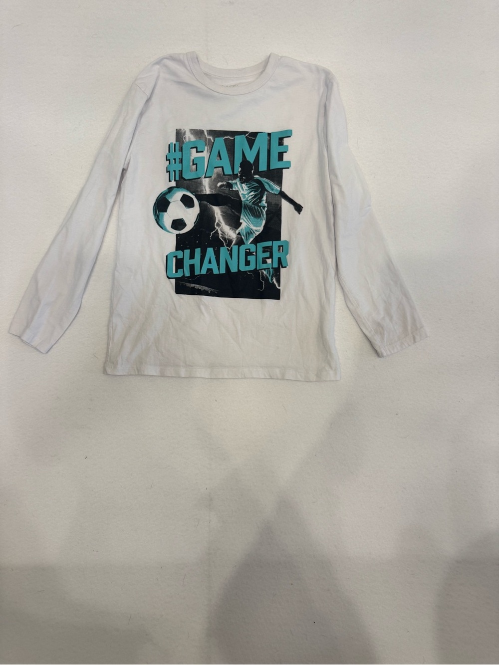Place White Long-Sleeve Tee with Teal & Black Soccer Graphic